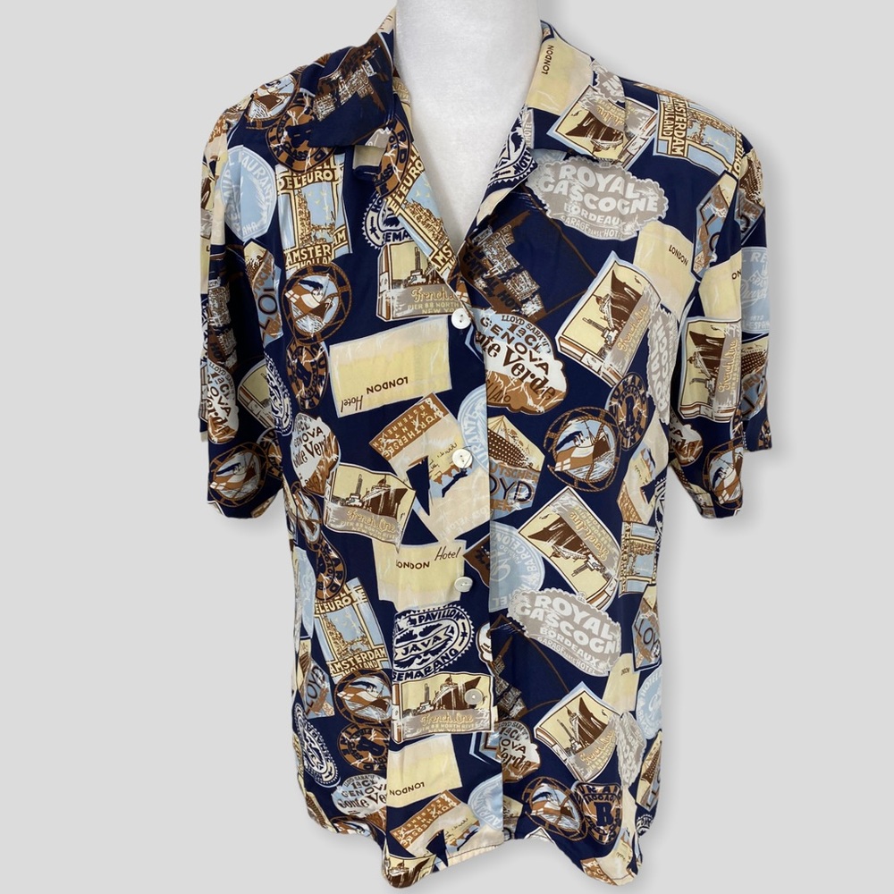 Vintage Novelty Print World Traveler Button Down Shirt
